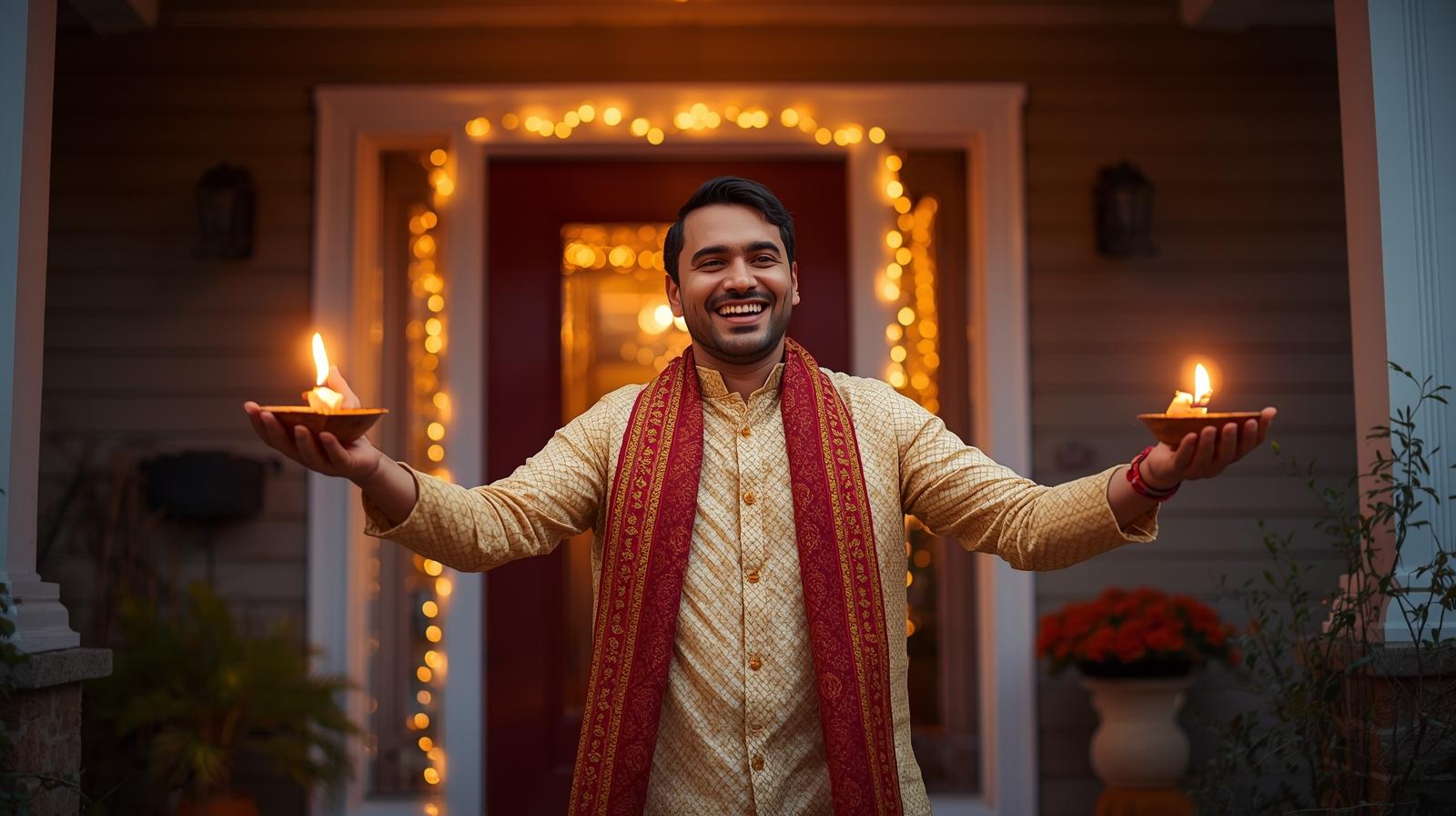 Diwali & The Meaning of Home_ A Celebration of Light & New Beginnings people celebration diwali with traditional way outside of canadain house