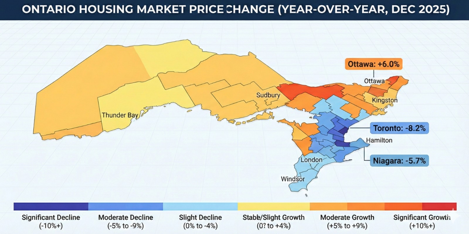 Ontario Price Map_ Heat map showing year-over-year price changes across Ontario regions (Toronto -8.2%, Ottawa +6%, Niagara -5.7%, etc.)